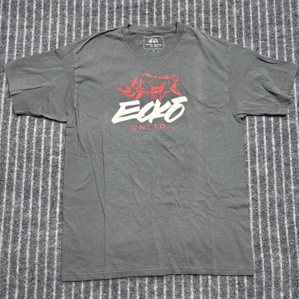 Ecko Unltd Mens Graphic T-Shirt L Gray Red Rhino Logo Streetwear Cotton Tee